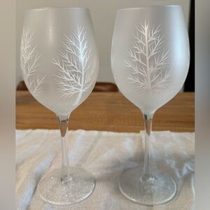 Pier 1 Frosted White Wine Glasses with Tree Design Set of Two